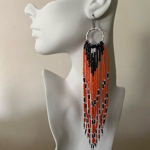 Long Orange, Black and White fringe handmade earrings